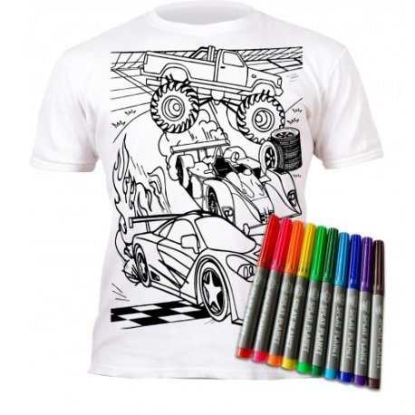 Marškinėliai su flomasteriais piešimui "Mašinos" 5-6 metai