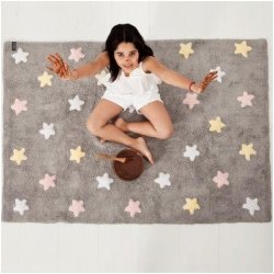 Pilkas vaikiškas kilimas su spalvotomis žvaigždutėmis