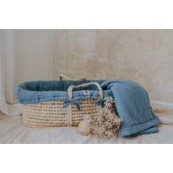 Kūdikio lopšelis su stovu ir mėlynu tekstilės komplektu