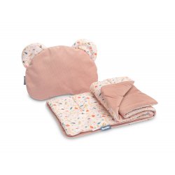 Rožinis vežimėlio antklodės ir pagalvės rinkinys ''Arkliukai''