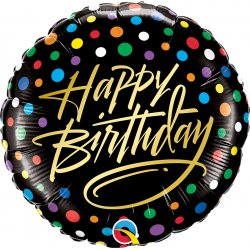 Folinis balionas ''Happy Birthday'' juodas su spalvotais taškeliais, 46cm.