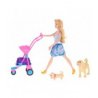 Lėlė su šunimis vaikiškame vežimėlyje