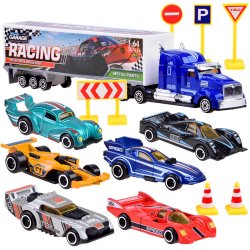 Sunkvežimis - tralas su metalinėmis mašinėlėmis ir kelio ženklais
