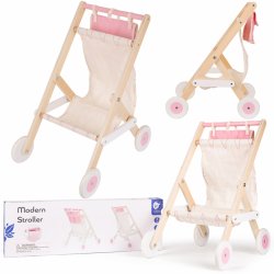 Rausvas medinis lėlių vežimėlis su krepšeliu