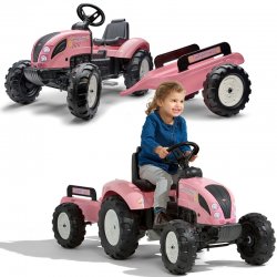 Rožinis pedalais minamas traktorius su priekaba