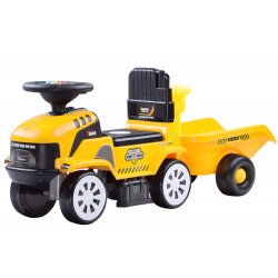 Geltonas vaikiškas traktorius su priekaba ir sodo įrankiais