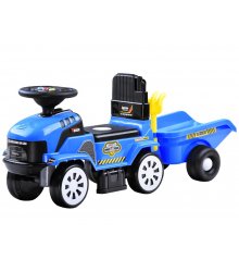 Mėlynas vaikiškas traktorius su priekaba ir sodo įrankiais