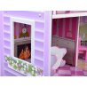 Rožinis medinis lėlių namas su LED apšvietimu ir baldais