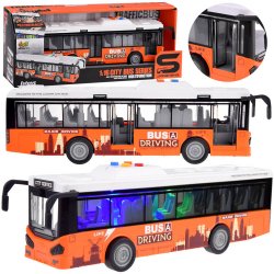 Oranžinis, didelis autobusas su šviesomis ir garsais